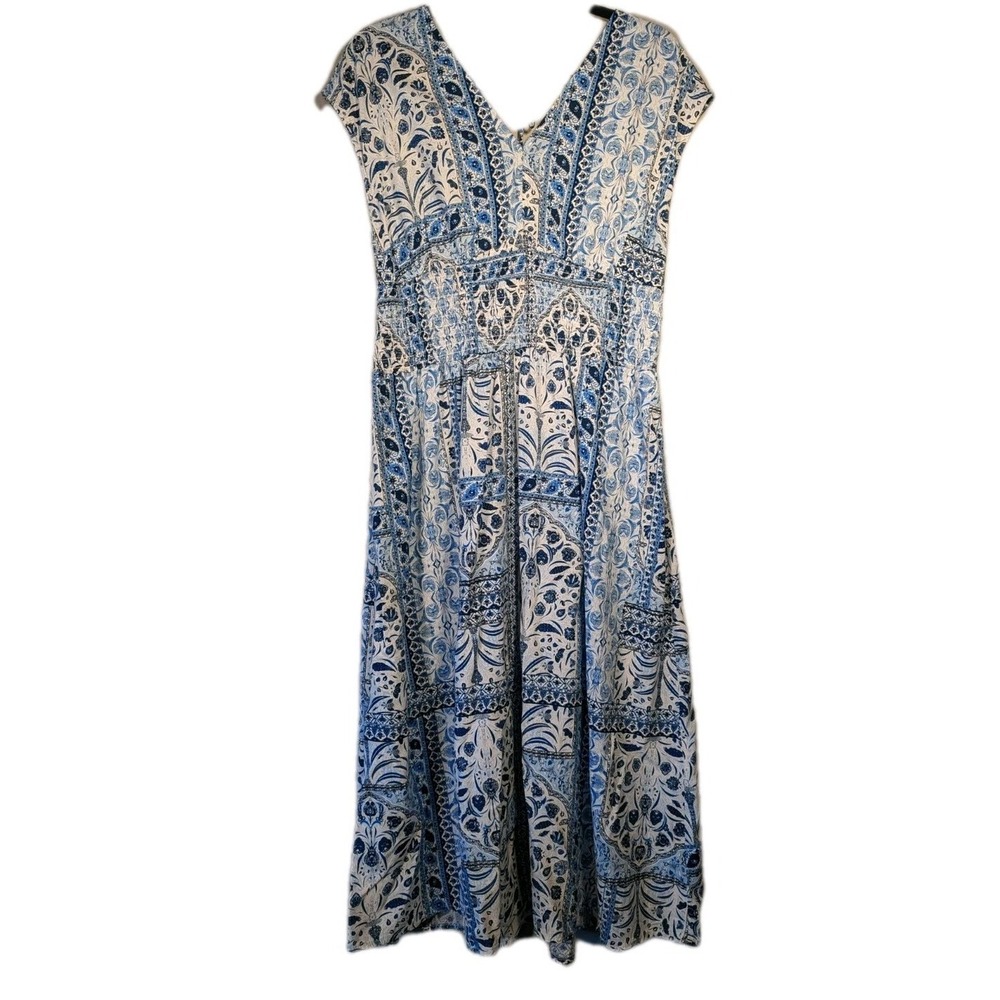 Old Navy Women Medium Smocked Waist Blue/White Midi Sleeveless Cottagecore Boho